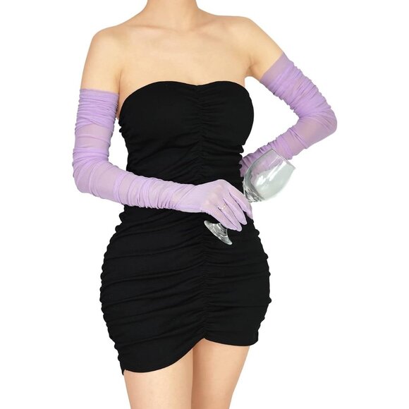 Women's Lavender Sexy Tulle Sheer Mesh Long Satin Gloves Party Prom Costume - Picture 5 of 6